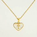 Gold heart necklace with natural white shell inlay featuring a letter T pendant - Letter T