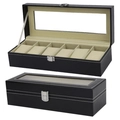 Scatola porta orologi in pelle nera a 6 slot con coperchio in vetro e interni in velluto - 6 Posti / Nero/Interno Beige