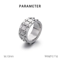 Technical specifications showing 10mm width and 11g weight of the punk stainless steel ring - US 8 / Industrial Rivet Texture Style (KR1087872-K)