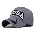 Detailed view of Aruba island 3D embroidery and marlin silhouette on gray baseball cap - Adjustable / Aruba Grey