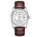 Men's quartz watch with silver steel case, white crystal dial and brown leather strap - Brown Strap Silver Case White Dial Men's