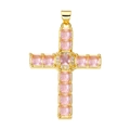 Golden cross pendant with pink square gemstone and clear zircon accents on white background - Pendant 75 (Gold Pink Stone Luxury Cross)