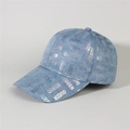 Detail of light blue denim baseball cap with laser QUEEN lettering and rhinestone accents - Style 14-Light Blue Denim All-over QUEEN Letter