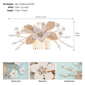 Detailed size and material guide for bridal hair comb with white clay flowers and pearls - Gold