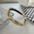 Elegant cream yellow twisted headband with pearls and rhinestones on a silk texture - Light Khaki