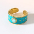 Goldener breiter Ring mit blauer Emaille-Beschichtung und rundem Naturstein-Besatz - Blau