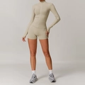 Women's seamless yoga set with zip-up long sleeve and high waist shorts in beige - S / Jacket + Shorts / Terracotta