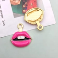 Pink lips charm pendant for DIY jewelry making with gold-plated backing and hanging loop - 1pc Rose Red Lip