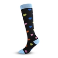 Black compression socks with light blue trim and colorful heart patterns on white background - Blue Cuff Color Heart