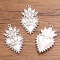 Silver sacred heart metal charms with crown and flame for DIY jewelry and crafts - 27B2-17 Crown Flame Heart