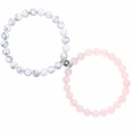 Close-up of white marble and pink crystal bead bracelets with heart magnetic charms - Rose Quartz & White Turquoise Texture Magnetic Style (Style-07)