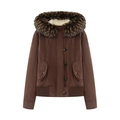 Brown hooded cotton-blend jacket featuring a faux fur collar and ribbed waist design - S / Coffee