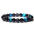8mm Hematite and Tiger Eye beaded bracelet with blue round stones and lava rock beads - Blue Tiger Eye Lava Woven Style (Style-08)
