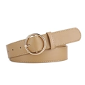 Khaki leather belt with gold round metal buckle and elegant stitching for women - Gold Clasp / Khaki