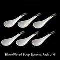 Set of 6 minimalist white ceramic soup spoons with silver-plated handles on black background - Silver Plated Small Soup Spoon 6Pcs