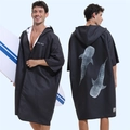 Black hooded surf poncho towel with front buttons and white whale shark prints - One Size / Cardigan Style - Black Whale Shark