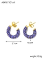 Detail view of 2.7cm gold C-shaped earrings with dense blue crystals and sizing info - Blue Style (AE41873D1A1)
