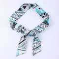 Ethnic bohemian print narrow silk scarf in blue and black geometric patterns - X26-Multi
