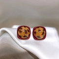 Detail of square leopard print earrings with red matte border on silver satin fabric - 1# 925 Sterling Silver Earring Post - Red - Coffee - Square - Leopard