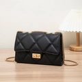 Black quilted PU leather crossbody bag with gold chain strap and square lock - Diamond Pattern / Black