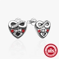S925 sterling silver infinity heart stud earrings with red enamel and white zircon - Red Heart Infinity Portrait