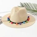 Cappello di paglia beige chiaro stile Panama con pompon colorati e fascia nera - M (56-58cm) / Beige Chiaro