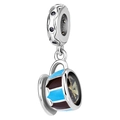 Detail view of a silver teacup charm with blue enamel patterns and a faceted gemstone - Coffee Cup Charm