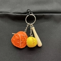 Mini baseball keychain with orange glove and yellow stitched ball on wood bat - Small Yellow Ball and Glove Set / Orange
