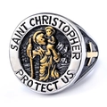 Vintage silver and gold Saint Christopher stainless steel ring for men in retro finish - US 7 / Two-tone Gold (05503)