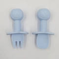 Light blue baby silicone fork and spoon set with panda design and safety guard - Blue 231
