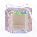 Hexagonal holographic gift box with laser finish, white ribbon bow, and transparent window - Diamond Silver