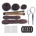 Brown and black hair styling tool kit with donut bun makers, hair loops, and hairpins - 23-Piece Coffee / Brown