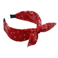 Red bow headband with white paisley print on soft cotton fabric for a vintage look - Red Paisley Bow