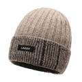 Men's winter knit beanie in beige and dark coffee contrast with LA&DH label - One Size / Khaki