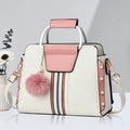 Chic cream and pink color-block handbag with pom-pom charm and pearl details - White Pink