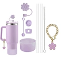 9-teiliges lila Becher-Zubehörset mit Blumen-Strohhalmkappen und Silikonhülle - 9-Teiliges Set / Lila