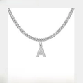 Collana a catena cubana d'argento con un ciondolo a lettera A tempestato di zirconi - 1 Lettera / Color Acciaio
