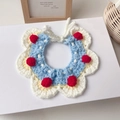 Handmade crochet pet collar with blue flower design and red pompoms for small dogs and cats - XS (1-2kg) / Blue Snowflake Style