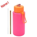 Neon pink stainless steel sports water bottle with orange lid, gold straw and brush - 1 L / Pop-up Straw Lid / Orange + Fluorescent Rose