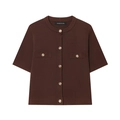 Close-up of gold embossed buttons and pocket detail on brown short sleeve knit cardigan - Dark Brown