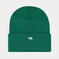 Detailed view of white polar bear embroidery on a forest green ribbed knit beanie hat - One Size / Malachite green