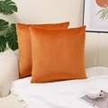 Set of two orange velvet throw pillow covers with decorative wavy quilted pattern - Orange