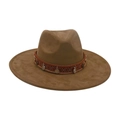 Chapeau fedora marron à large bord avec ruban ethnique et breloques en pièces antiques - Taille unique / Vert Armée