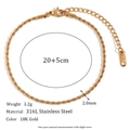 18K vergoldete Edelstahl 2mm Seilkette Fußkettchen mit Karabinerverschluss für Damen - Torsionskette (Breite 2.0mm, Länge 20cm+5cm) / Gold