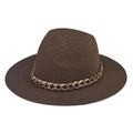 Detail of coffee straw fedora hat featuring a thick gold metal chain decoration - Adult 57-60cm / Coffee