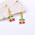 Boucles d'oreilles en acier doré avec fleurs en émail rouge et feuilles vertes - Boucles d'oreilles