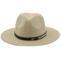 Close-up of beige straw fedora featuring a brown leather band and gold metal buckle - M / Beige