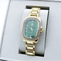 Elegant gold quartz watch with green oval dial and rhinestone bezel on a gray cushion - Gold Green