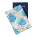 Faux leather passport cover with blue tropical palm and gold monstera leaf pattern - Tropical Palm Leaves