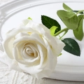 Elegant single white velvet artificial rose flower with green leaves for home decor - 10cm / Large Velvet White